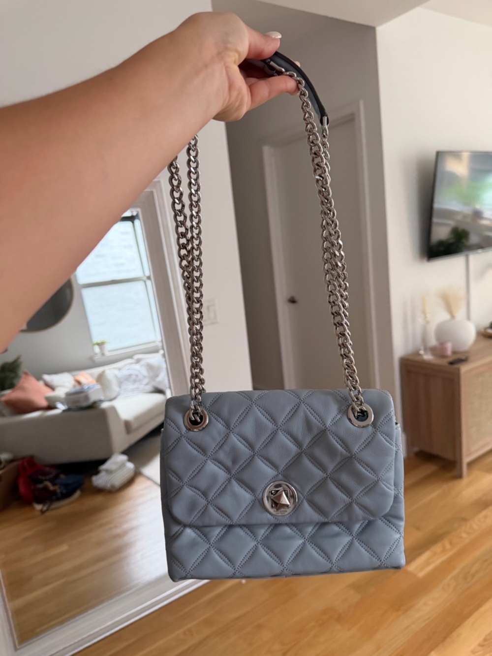 Kate Spade New York Natalia quilted leather shoulder bag in brushed steel blue
